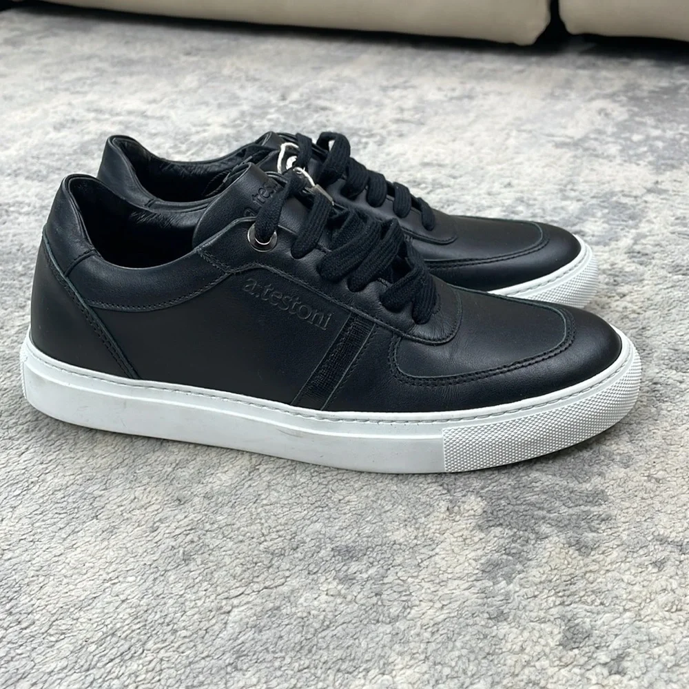 New A Testoni Black Leather Low Top Sneakers Lace Up Sz 37
